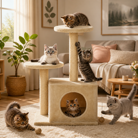 Katzen-Kratzbaum Sisal 60 cm Beige von vidaXL – zweistöckiger Kratzbaum mit Höhle, Sisal-Säulen, zwei Katzen