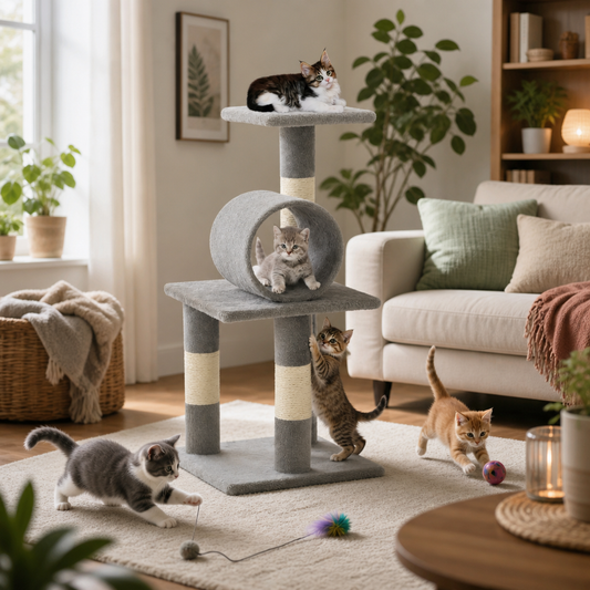 Katzen-Kratzbaum grau, 65 cm, Sisalstämme, mehrstöckig mit Plattform und Tunnel