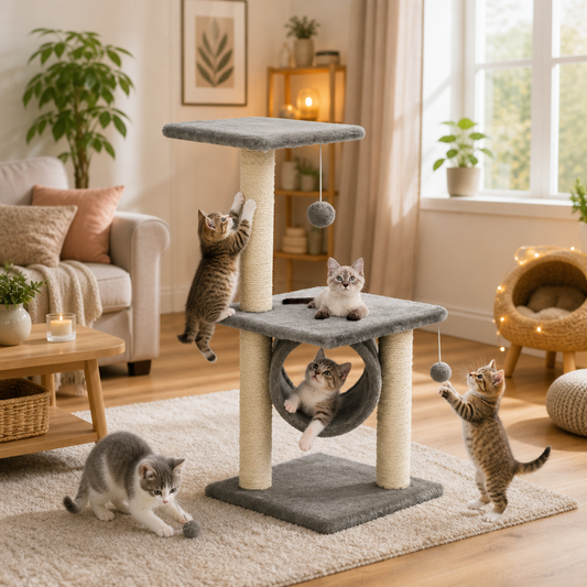 Katzen-Kratzbaum Sisal 65 cm Grau, mehrstöckiger Kratzbaum mit Tunnel und Spielball