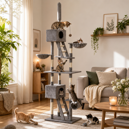 Katzen-Kratzbaum Sisal 230–260 cm Grau von vidaXL, grauer Kratzbaum mit Höhlen und Plattformen