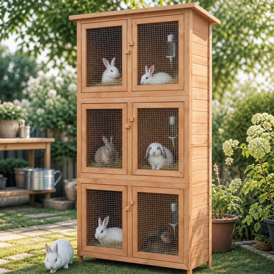 Kleintier-/Kaninchenstall aus Holz, 6 Boxen, Naturholz mit Drahtgittertüren