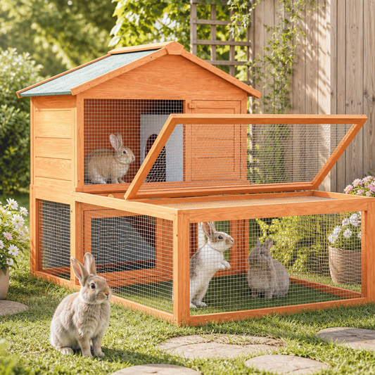 Kleintier-/Kaninchenstall aus Holz, orangefarbig, mit Drahtgitter und zwei Kaninchen