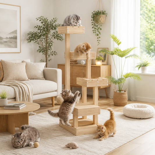 Kratzbaum vidaXL aus Massivholz Kiefer, Naturholz, mit mehreren Plattformen; zwei Katzen darauf
