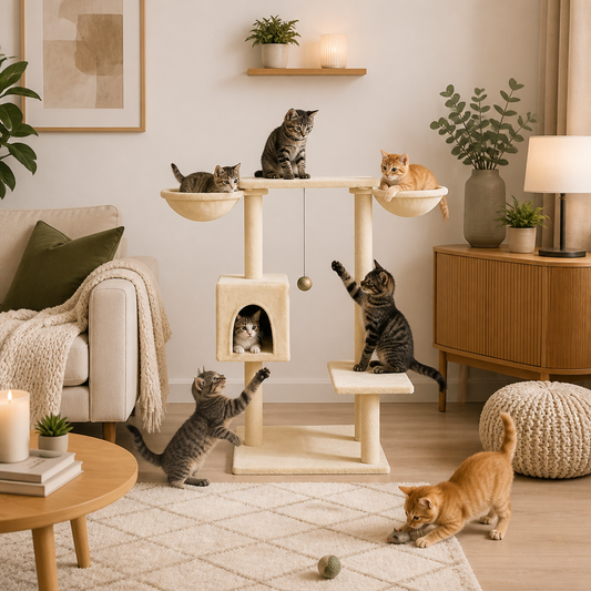 Kratzbaum Creme 82 cm mit Kratzsäulen und Höhle für Katzen