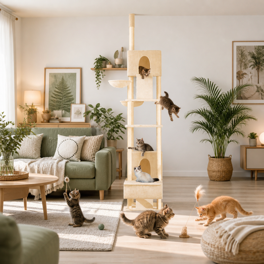 vidaXL Kratzbaum Deckenhoch Creme 277-303 cm, mehrstöckig mit Höhle und Plattformen
