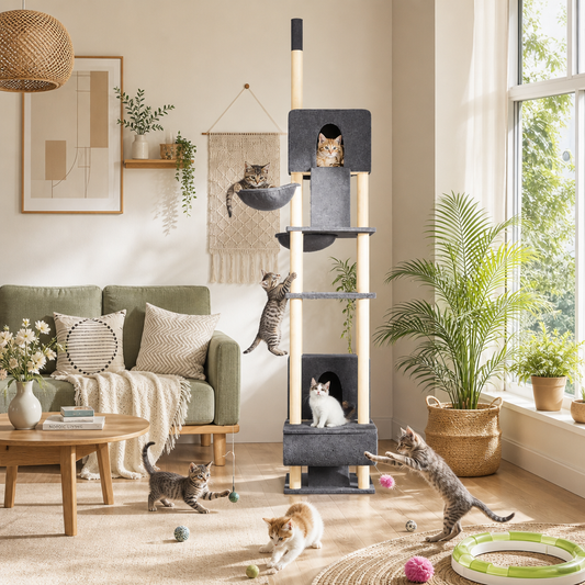 Kratzbaum Deckenhoch Dunkelgrau 277-303 cm, mehrstöckiger Katzenturm mit Höhle und Plattformen