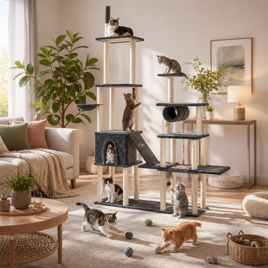 Kratzbaum VidaXL mit Sisal-Kratzsäulen Dunkelgrau, 279 cm – mehrstöckiger Katzenbaum mit Höhle und Plattformen
