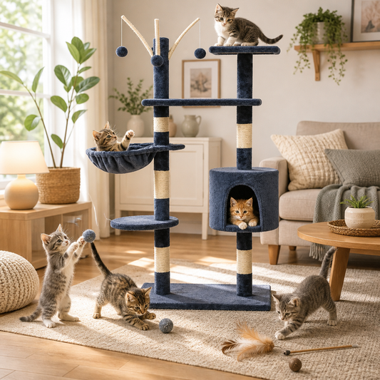 Katzen-Kratzbaum 125 cm Dunkelblau, mehrstöckig mit Höhle und Korb