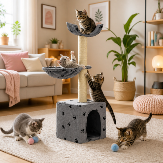 Katzen-Kratzbaum in Grau mit Sisal-Säulen und Pfoten-Aufdruck; 105 cm, Basis mit Höhle
