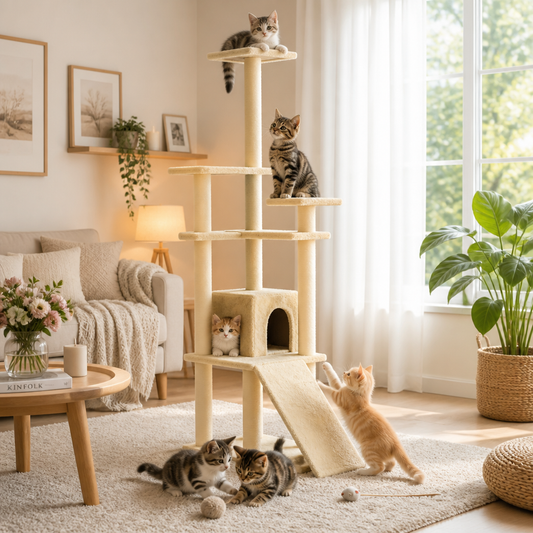 vidaXL Kratzbaum Creme 155 cm mit Sisal-Kratzsäulen, mehrstöckig mit Höhle und Rampe