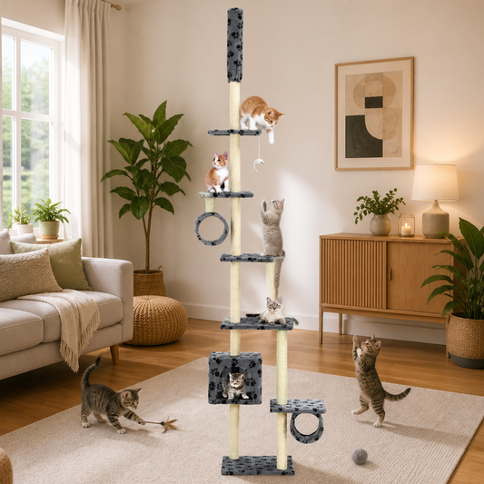 Katzen-Kratzbaum vidaXL, 260 cm, grau mit Pfotenabdruck, Sisal-Kratzsäulen