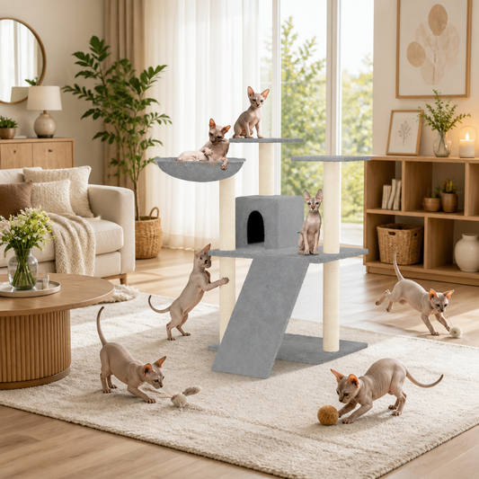 Kratzbaum vidaXL Hellgrau 83 cm mit Sisal-Kratzsäulen, Höhle und Rampe – 2 Katzen beim Spielen im Wohnzimmer