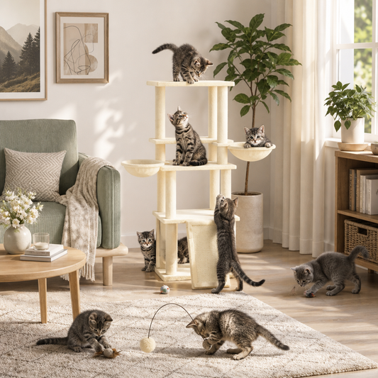 Kratzbaum Creme 133 cm von vidaXL mit Sisal-Kratzsäulen und mehrstufigen Plattformen, Katze sitzt darauf