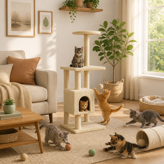 vidaXL Kratzbaum Creme 104 cm mit Sisal-Kratzsäulen, Katze sitzt auf der mittleren Plattform