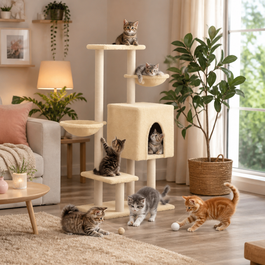 Kratzbaum VidaXL Creme 117 cm mit Sisal-Kratzsäulen, Höhle und Plattformen