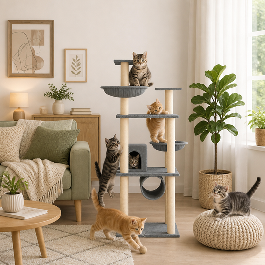 Kratzbaum mit Sisal-Kratzsäulen Hellgrau 141 cm, mehrstöckiges Katzenmöbel
