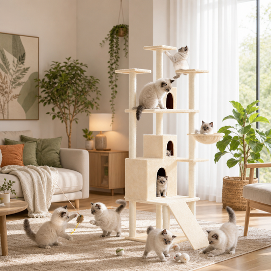 Kratzbaum mit Sisal-Kratzsäulen Creme 175 cm, cremefarbener Katzenbaum mit 2 Katzen auf mehreren Ebenen