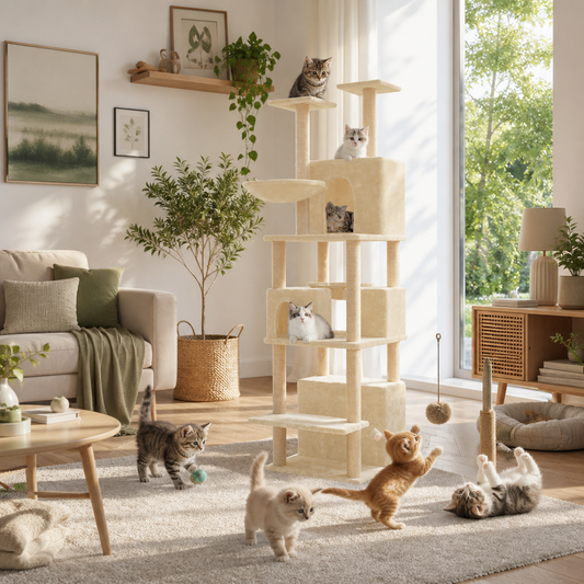 Kratzbaum Creme 180 cm mit Sisal-Kratzsäulen, mehrstufiger Katzenbaum mit Plattformen