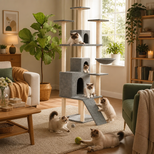vidaXL Kratzbaum, hellgrau, 175 cm, Sisal-Kratzsäulen, mehrstöckig mit Rampe, mit zwei Katzen