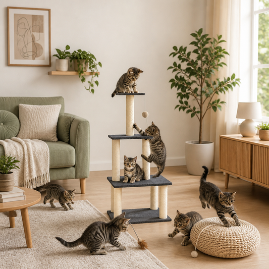 Kratzbaum mit Sisal-Kratzsäulen Dunkelgrau, 111 cm – Katze sitzt auf mittlerer Plattform
