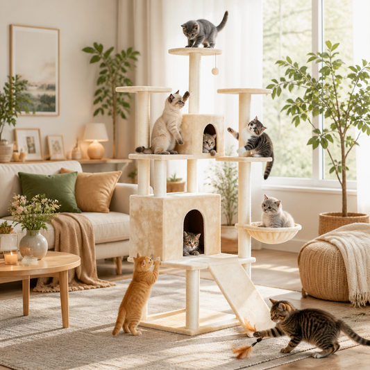 Kratzbaum Creme 154 cm mit Sisal-Kratzsäulen, mehrstufiges Katzenmöbel mit Höhle und Rampe.