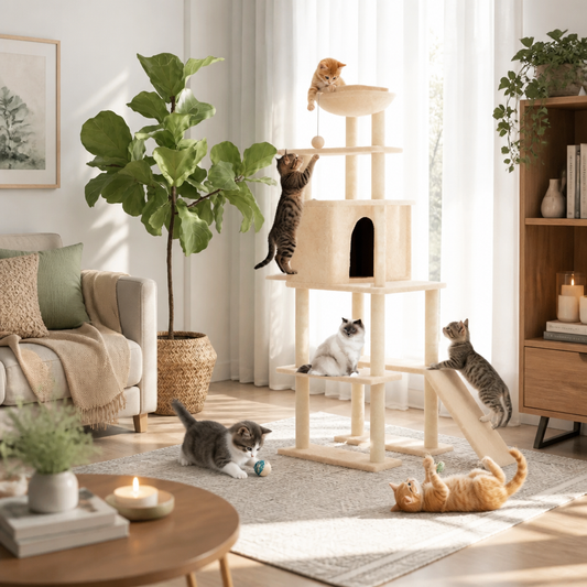 Kratzbaum Creme 166 cm mit Sisal-Kratzsäulen, mehrstöckiger Katzenbaum aus beige Holz mit Höhle