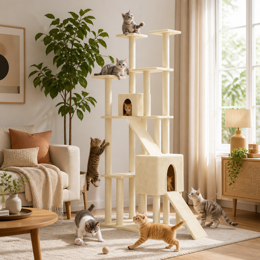 Kratzbaum Creme 190 cm mit Sisal-Kratzsäulen, mehrstöckiger Katzenbaum