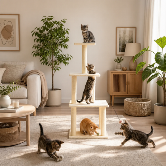 Kratzbaum Creme 111 cm mit Sisal-Kratzsäulen, Katze sitzt auf der mittleren Plattform