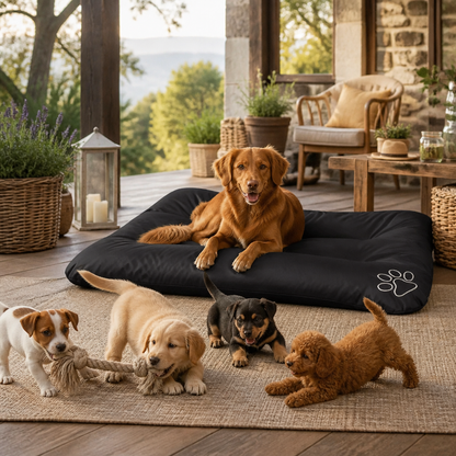 Hundebett XL Schwarz mit weißem Pfoten-Motiv, ideal für große Hunde