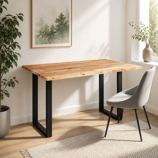 Tischplatte Rechteckig 100x80x2 cm Massivholz Akazie auf schwarzen Metallbeinen